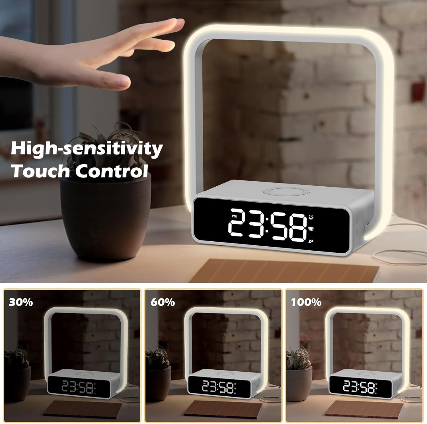 Digital Alarm Clock Wireless Charger, Dimmable Small Bedside Lamp with Alarm Clocks for Bedrooms Home Office Touch Control RGB Night Light Nightstand Lamp for Men Teen