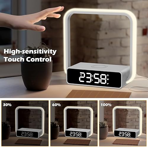 Miniatura 9 de Reloj despertador con lámpara de mesa de carga inalámbrica, moderna lámpara de noche 3 en 1 con control táctil regulable RGB luz nocturna reloj