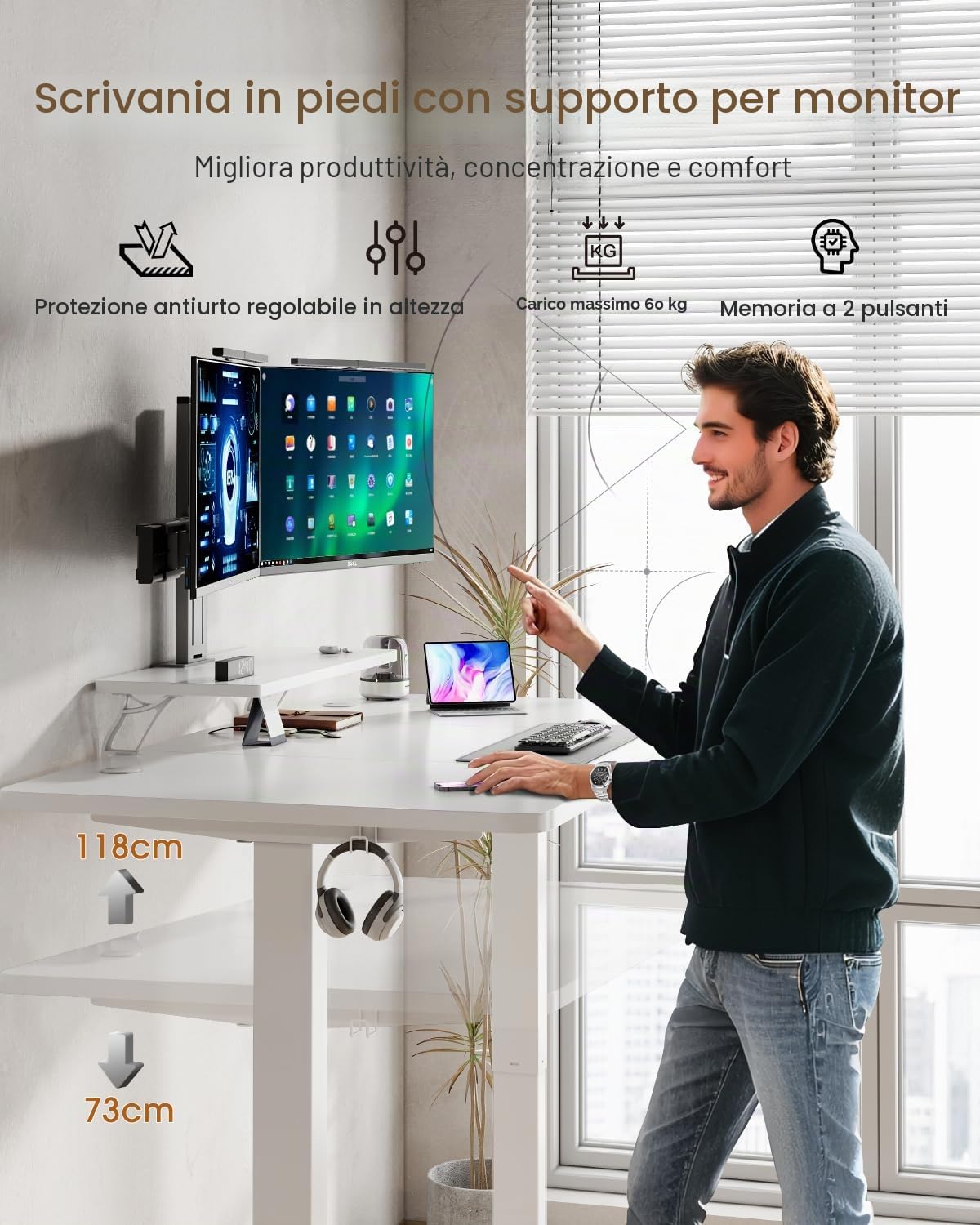 TRIUMPHKEY Scrivania Elettrica Regolabile in Altezza 120 x 60 cm, Supporto per Monitor, Piano Giuntato, Scrivania Gaming Seduta/In Piedi, Tavolo per Casa e Ufficio, Bianco