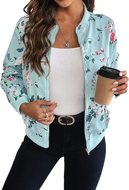 Damen Blumen Bomberjacke aus Satin - Leichte Übergangsjacke für Herbst & Frühling