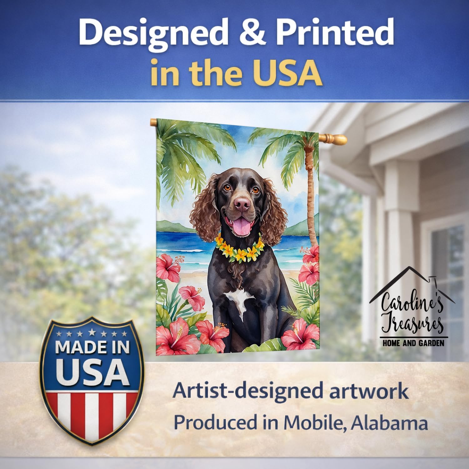 Caroline's Treasures DAC6355CHF American Water Spaniel Luau House Flag Large Porch Sleeve Pole Decorative Outside Yard Banner Artwork Wall Hanging, Polyester, House Size, Multicolor