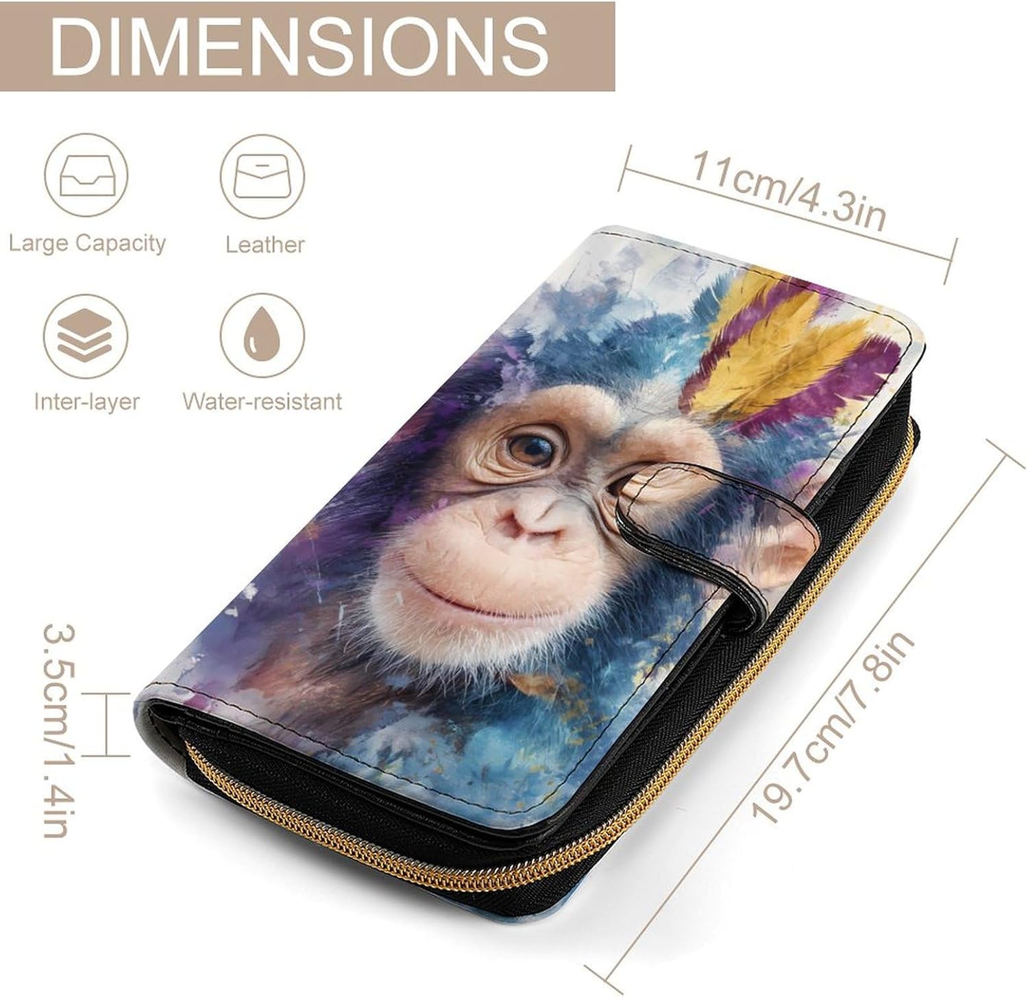 Watercolor Monkey Colorful Feathers Womens Wallet for Men Slim Purse Clutch Handbag with Card Holder