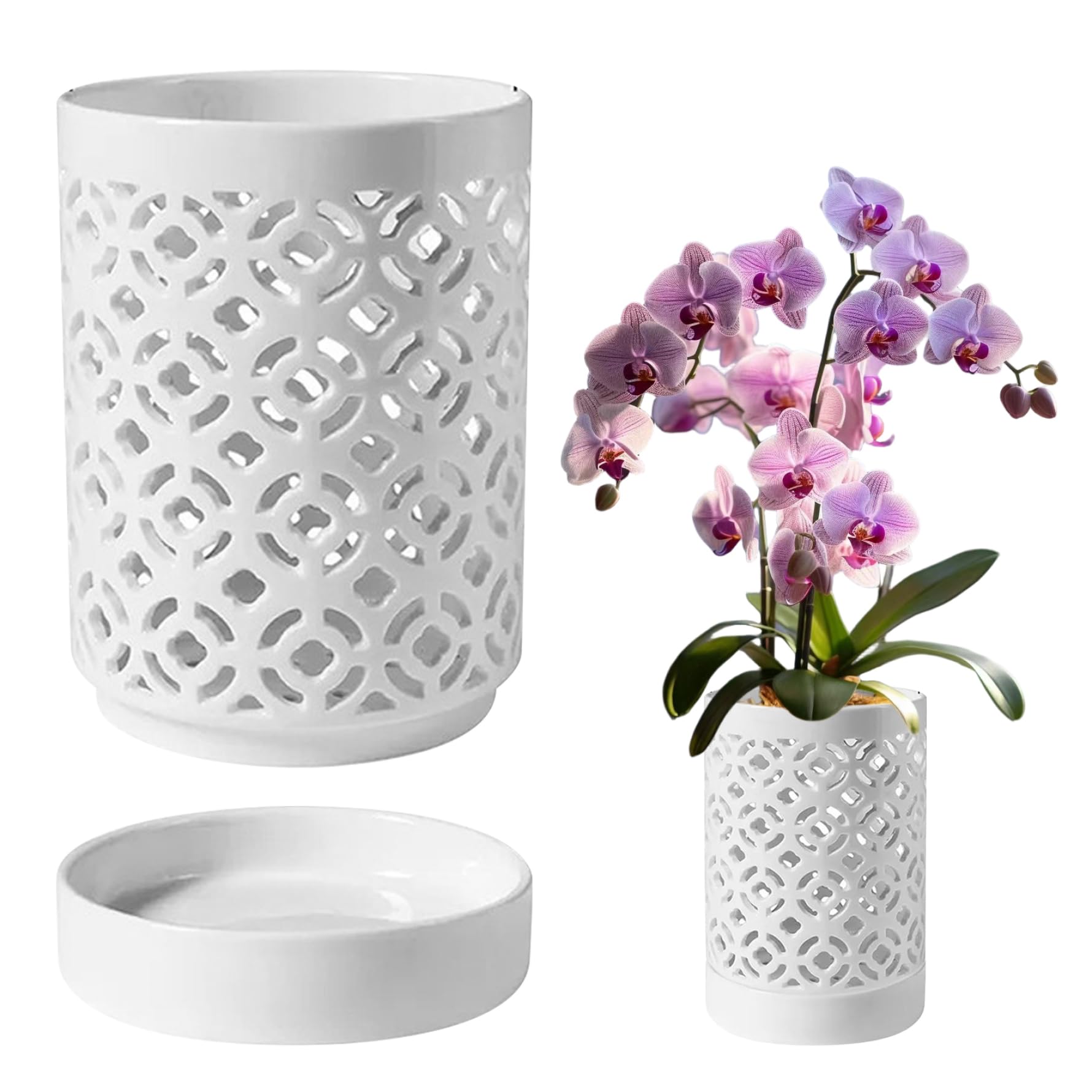Vistnale White Orchid Pot, Orchid Pots 5.5X4in Planter With Holes & Saucer & Drainage Ceramic Plant Pot For Indoor Outdoor Plants,