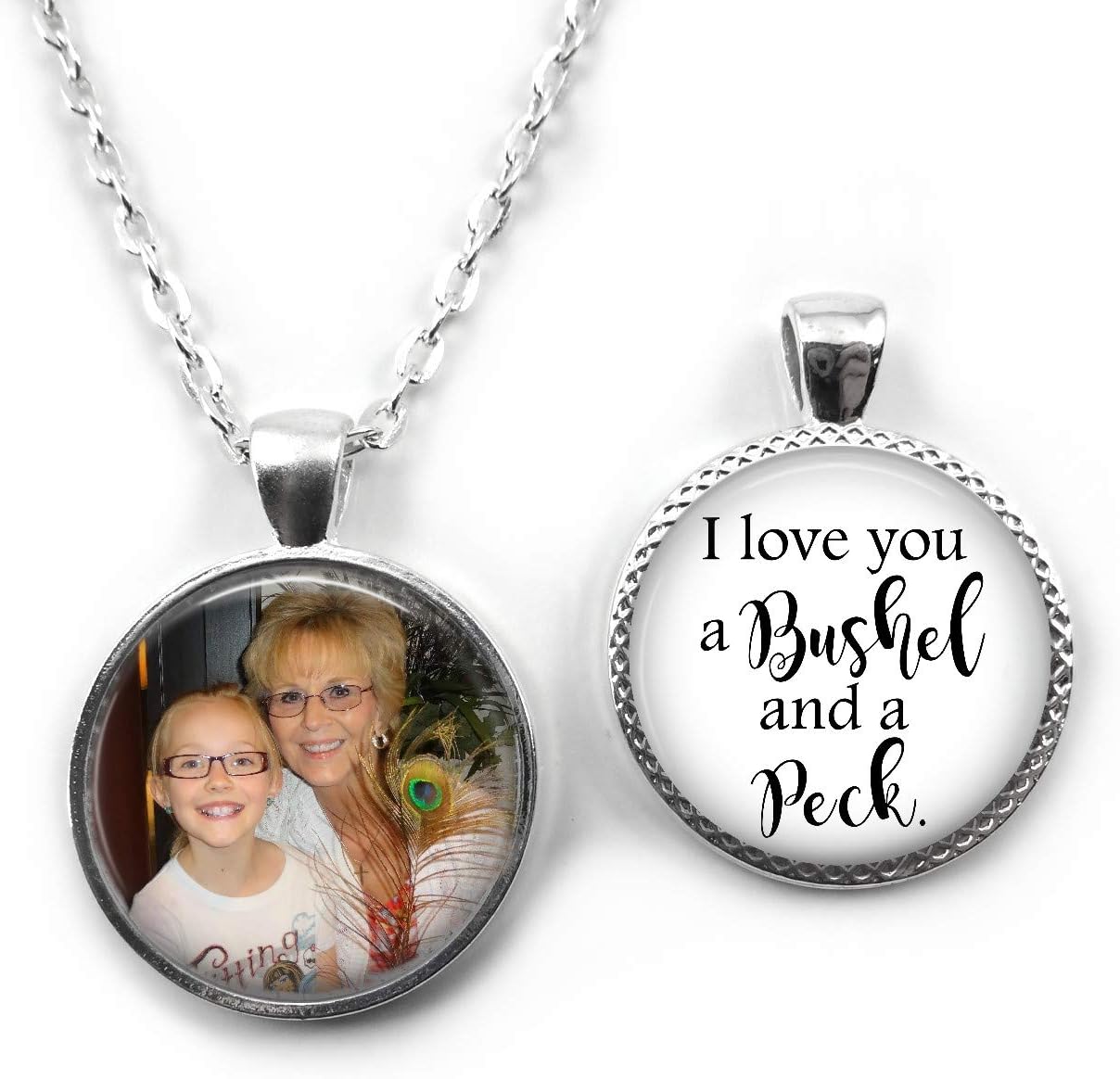 Double Sided Custom Photo I Love You a Bushel and a Peck Pendant Necklace or Key Chain Charm, Handmade Picture Jewelry, Unisex Adult