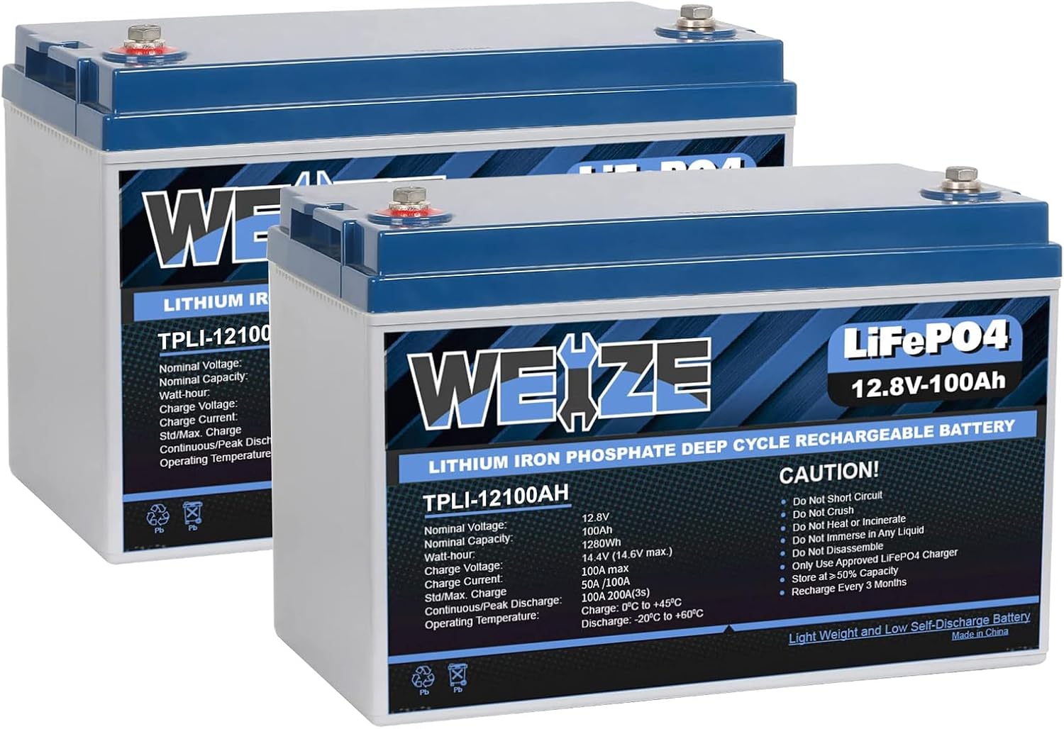 WEIZE 12V 100Ah LiFePO4 Battery Group 31 Lithium Battery, Constructed-in 100A BMS, Low Temperature Safety Deep Cycle Battery for Trolling Motor, RV, Photo voltaic, Marine, Tenting, Residence Power Storage (2 Packs)