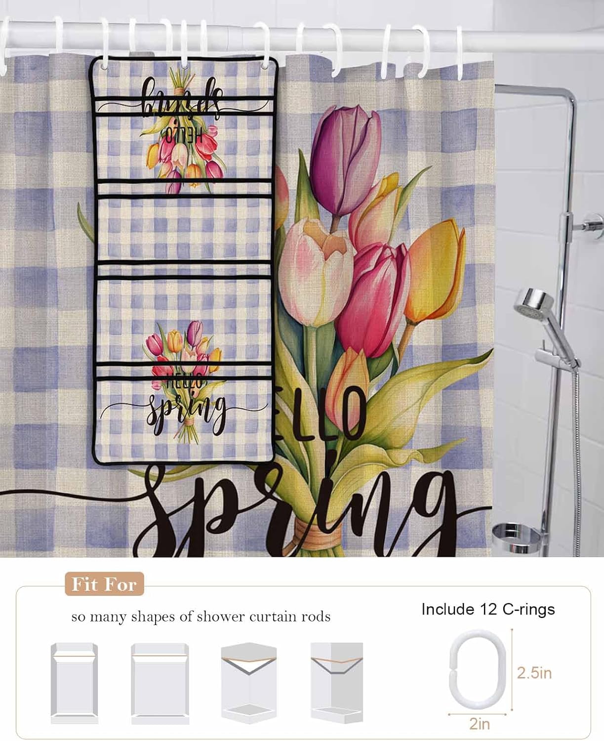 Shower Curtains for Bath Shower Organizer Set, Hello Spring Watercolor Tulip Purple Texture Waterproof Shower Curtain, 10 Pockets Mesh Wall Hanging Storage Moisture Bag Accessory, 48x72
