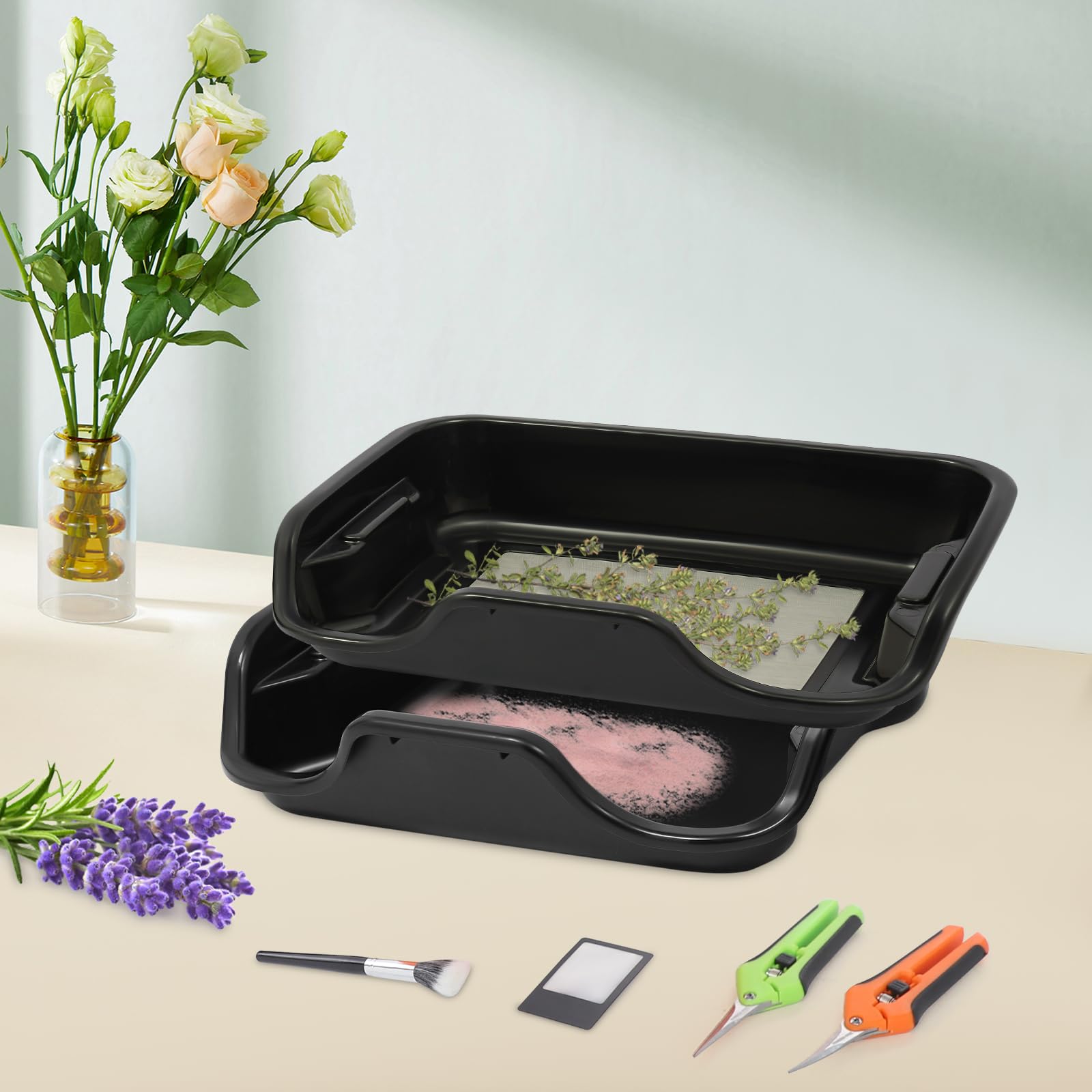 Trim Bin Pro taca do trymowania, z siatką ze stali nierdzewnej o grubości 150 µm, sitko na pyłki z nożyczkami, szczotką, kartą powiększającą i tabletką do czyszczenia ziół, zestaw Trim Bin