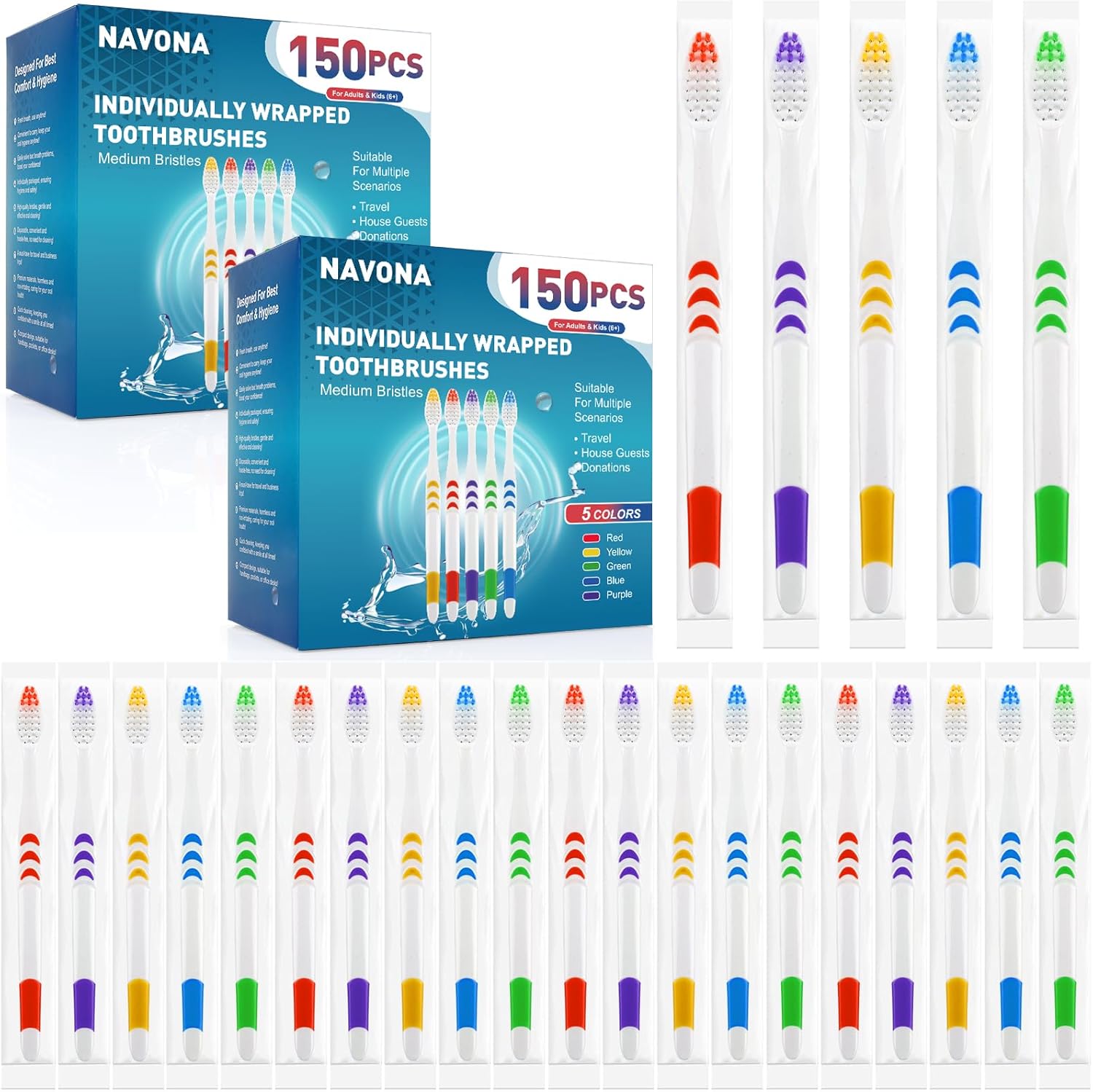 Navona 300 PCS Premium Toothbrushes Bulk, Individually Wrapped Toothbrushes, Disposable Toothbrush, Medium Soft Bristle Bulk Toothbrushe for Travel Hotel Donation, Ergonomics Handle