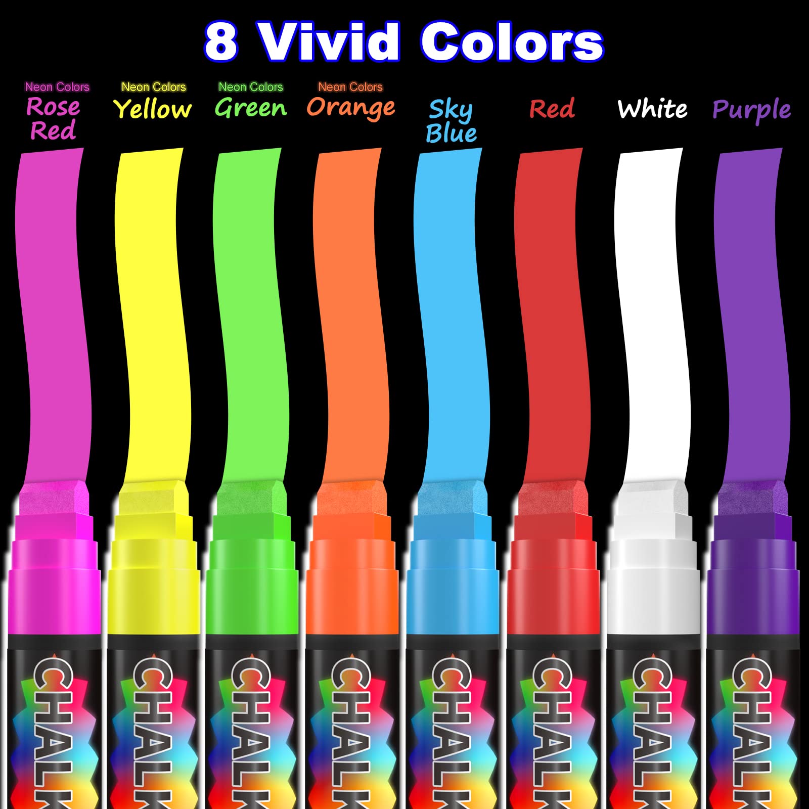 FansArriche Marqueurs de fenêtre 8 stylos à craie Neon Colors 15 mm jumbo | marqueur craie effacable liquide, marqueurs de tableau noir pour fenêtres, tableau noir, verre, panneaux, pointe 3 en 1