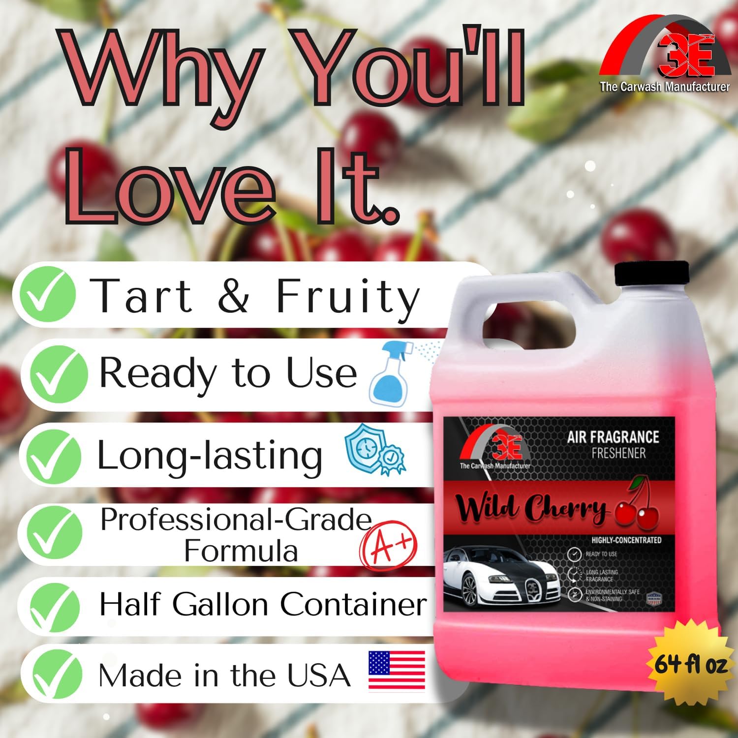 3E Car Air Freshener Concentrate – 64 oz – Professional Automotive Fragrance – Multiple Scents (Cherry)