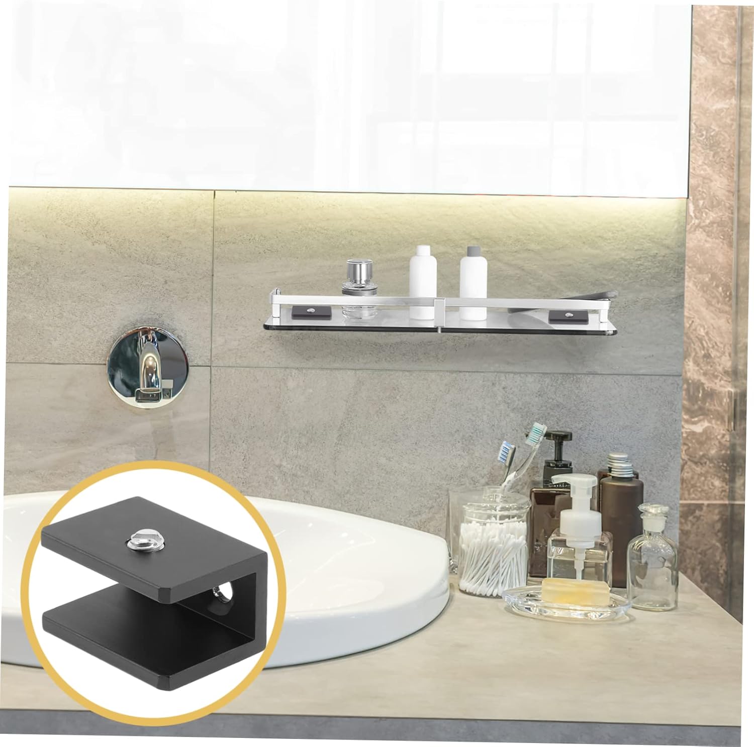 DOITOOL 32pcs Heavy Duty Glass Shelf Brackets Wall Mounted Holders for Bathroom and Kitchen Easy Install Clamp Support for Floating Shelves Black Medium