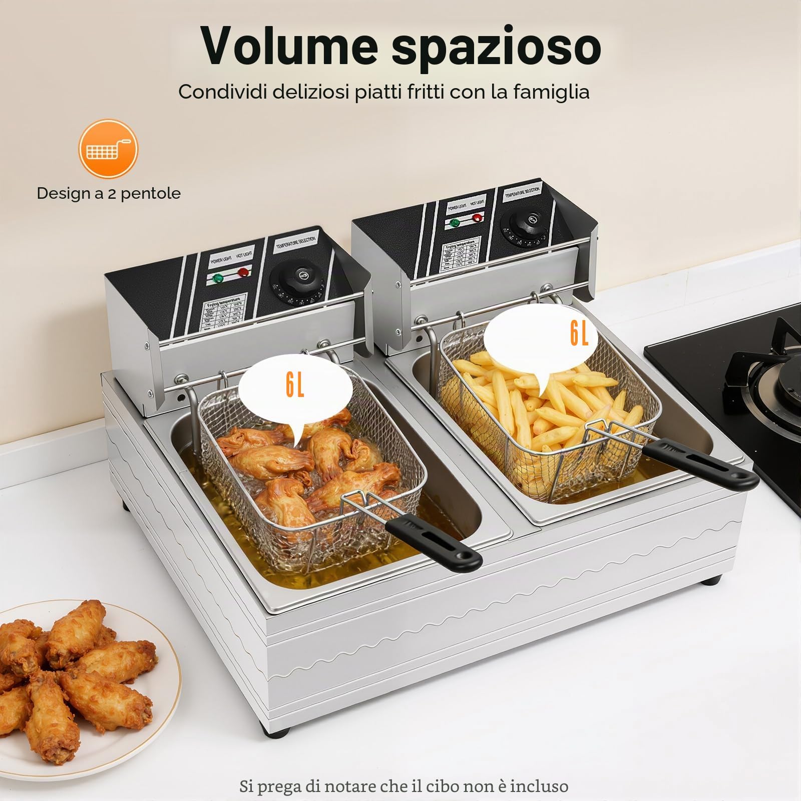 Friggitrice Elettrica Commerciale 2 Vasche da 12 L 2,5 KW Friggitrice ad Olio in Inox con 2 Cesti per Friggitrice e Tempo Regolabile 60-200 °C per Rondelle di Cipolla fritta di Pollo Snack Bar