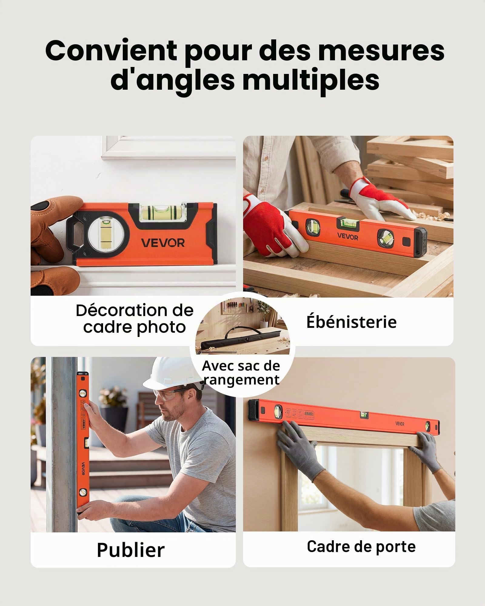 VEVOR Niveau à Bulle Magnétique Lot de 4, 120, 300, 600 et 1000 mm, Niveau Torpédo en Alliage d'Aluminium pour Construction et Rénovation, avec 3 Fioles Vertes, Trou de Suspension et Structure Caisson