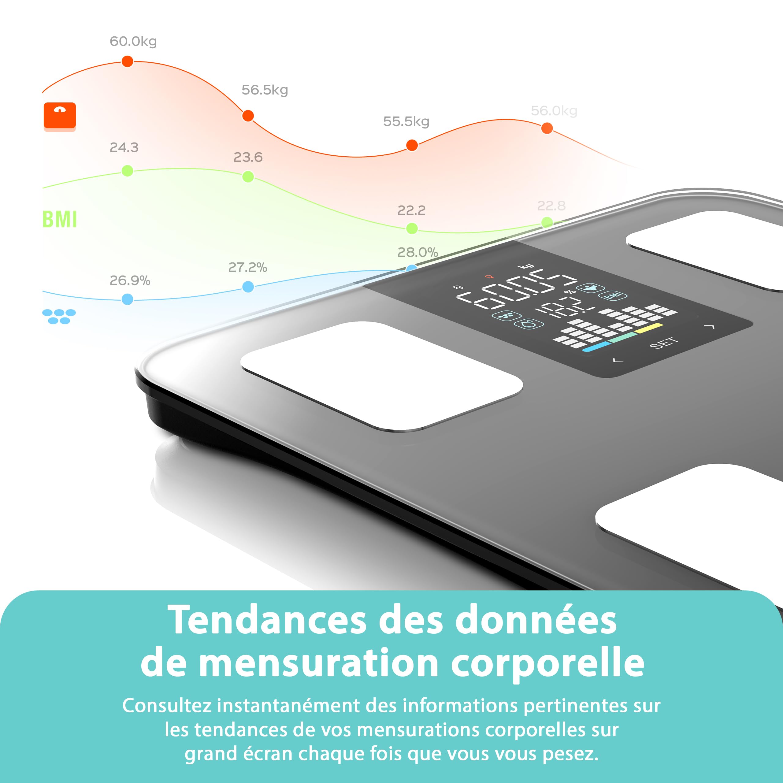 Pesa Persona Conectada MELTA. – Impedancia 15 Datos: IMC, Masa Grasa, Muscular, Visceral, Hueso – Bluetooth & Aplicación Gratuita – Sincronización Salud – Vidrio Templado – 180kg (GRIS)