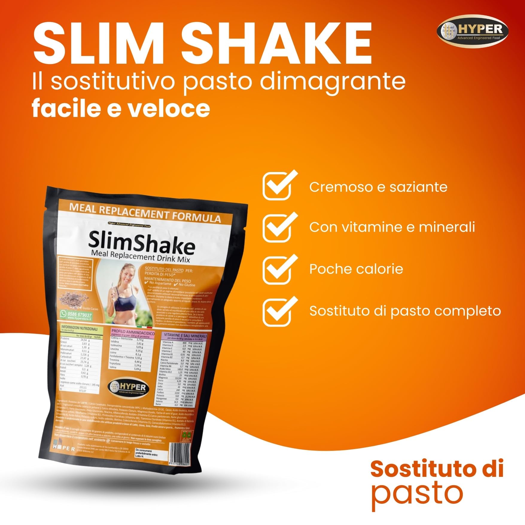 Hyper Slim Shake - Sostituto Pasto Dimagrante gr 3000 Gusto Cacao - Pasto Sostitutivo Dimagrante per Frullati e Shakes Proteici Ideale per Perdita e Controllo del Peso Forma. Made in Italy