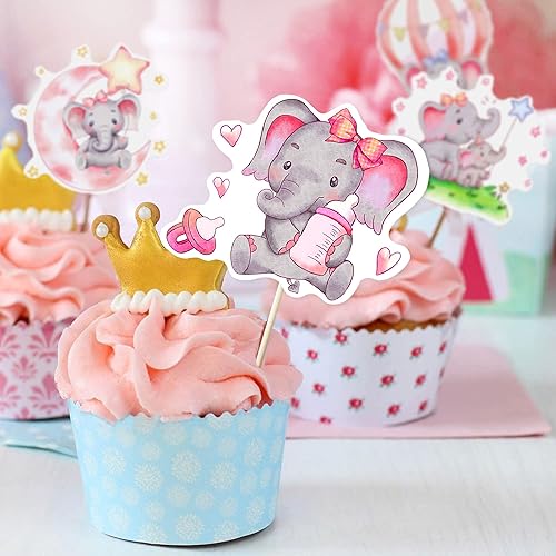 Miniatura 7 de 36 piezas de decoración de cupcakes de elefante rosa It's a Girl Baby Shower Decoración de elefante Baby Shower para niñas, elefante, magdalenas,