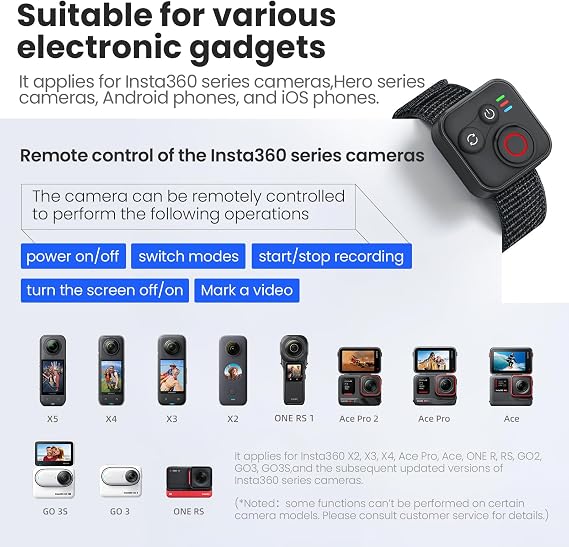 Bluetooth Remote Control for Insta360 X5/X4/X3/X2/Go 3S/ACE Pro 2, GoPro Camera Shutter Remote with Type-C Charging - 164ft Range, Compatible with iPhone 12-17 Pro Max, GoPro 8-13, Android Phones