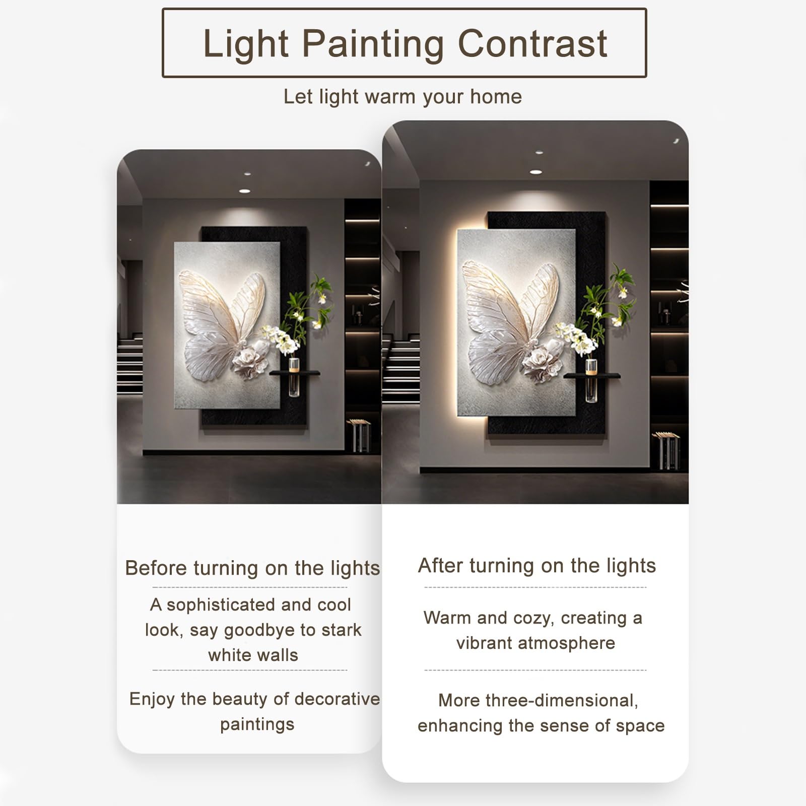 Dekoracja roślin z piaskowca LED, sztuka ścienna 3D do salonów i korytarzy, rzeźby, nadaje się do salonów sypialni (biały 1,60 x 80 cm/23,6 x 31,4 cala)