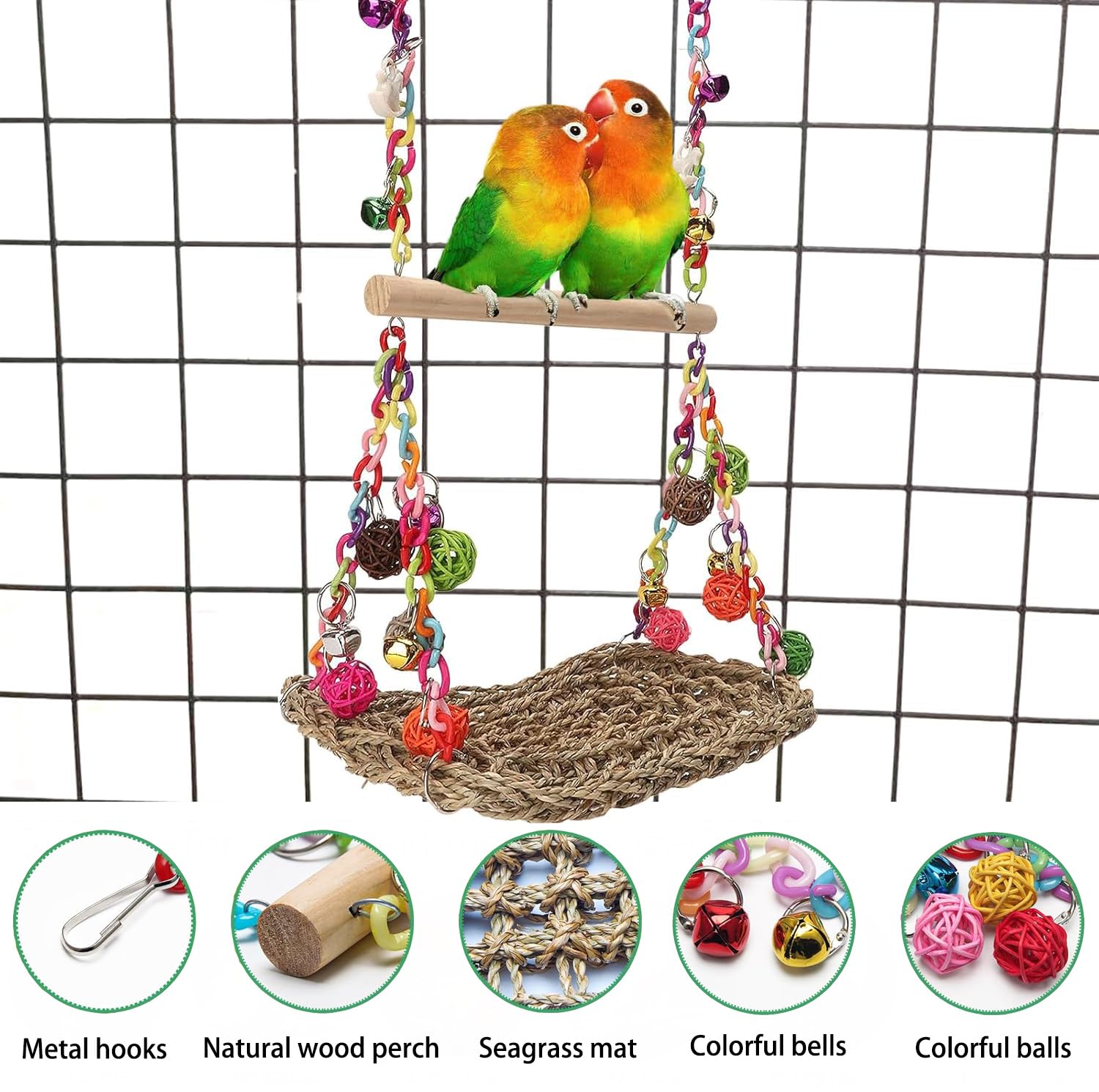 ZYYRSS Seagrass Bird Swing Toys with Wood Perch, Perfect for Lovebirds Conures, Parakeets, Parrotlets, Budgie, Cockatiels - Image 3