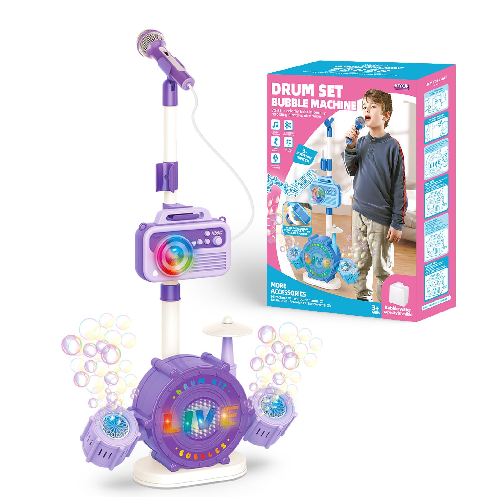 Microfono per karaoke Bluetooth per bambini, con supporto regolabile, macchina per karaoke per bambini, con macchina per creare bolle, cambia Vioce, luci colorate, microfoni per cantare Natale, regali