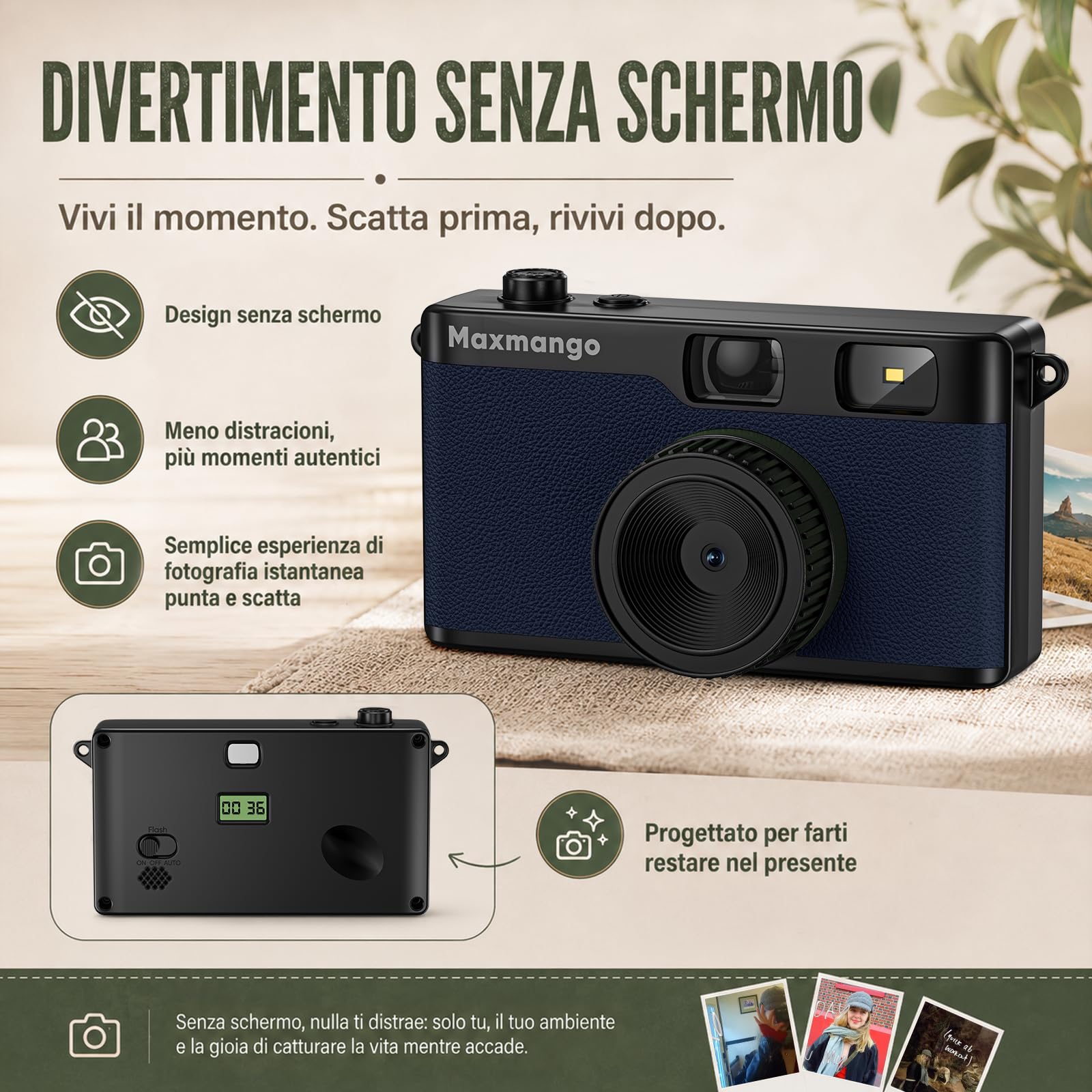 Maxmango D53 Fotocamera Digitale Compatta Senza Schermo, Fotocamera Vintage Retro 12 MP Catturare Momenti Reali, Filtri DIY Scaricabili, USB-C, Scheda SD da 8 GB Inclusa, Fino a 4000 Foto (Blu)