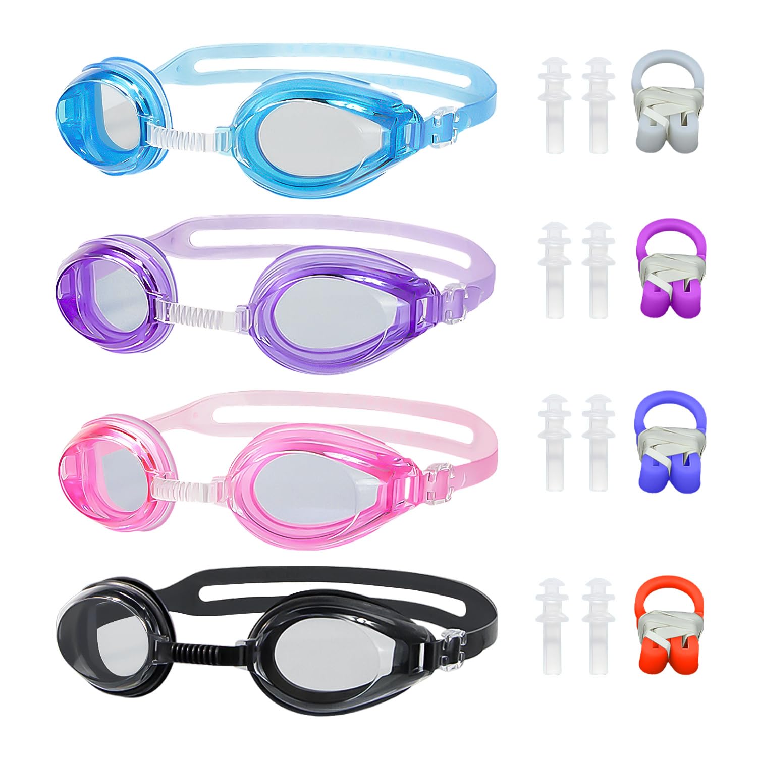 USHXVG 4-Piece Kids Swimming Goggles with 4 Sets of Nose Plugs and Ear Clips, Silicone Waterproof Goggles