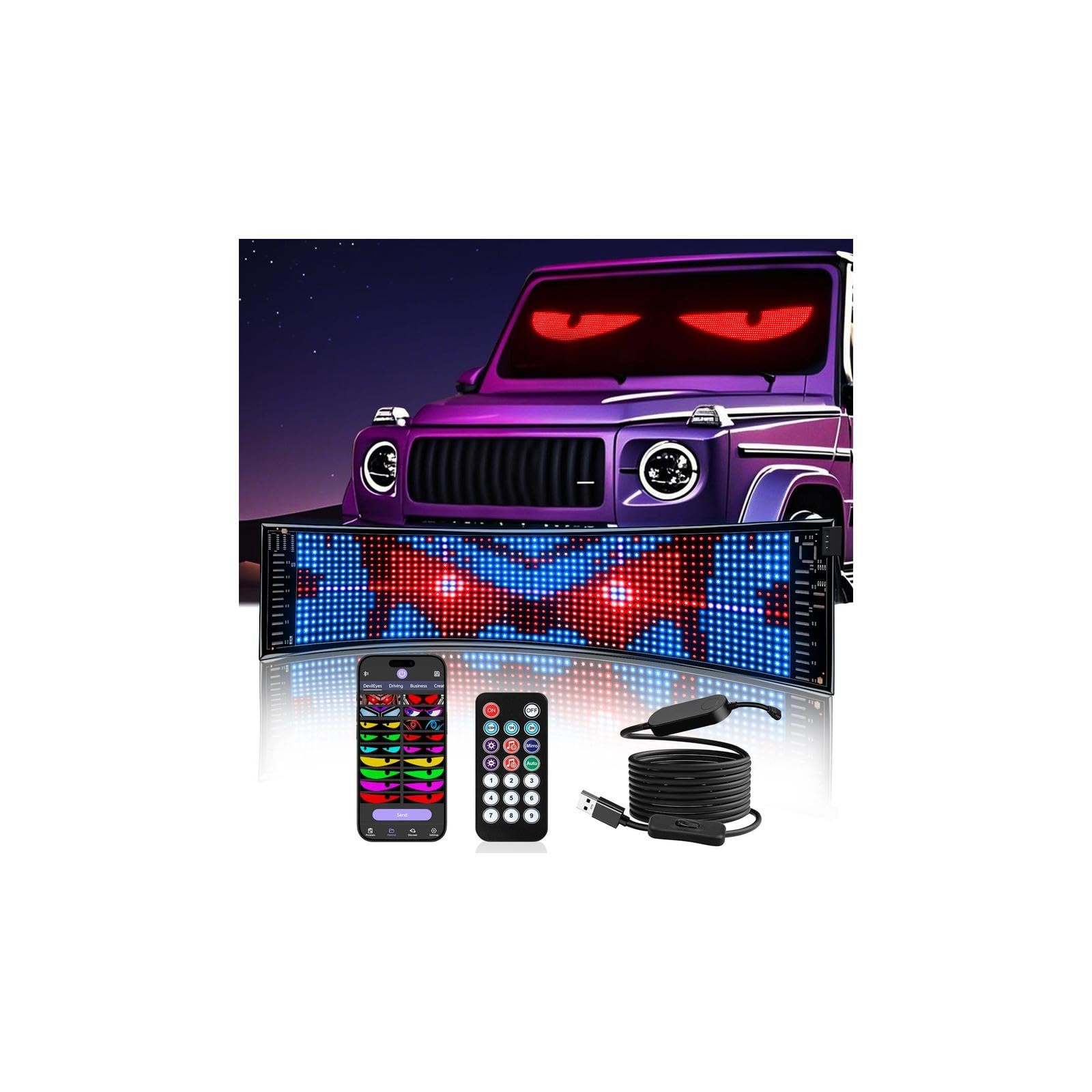 Set van 2 led-ogen voor auto, gepersonaliseerde ooglichtborden, flexibele led-ogen voor autoruiten, met afstandsbediening, voor auto, vrachtwagen, tekst, graffiti, smart app, Bluetooth USB 5 V (10 x