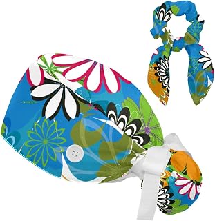 FVQL 2 Pieces Surgical Cap for Long Hair Scrub Cap with Hairband Nurse Cap, Colorful Pattern Flowers