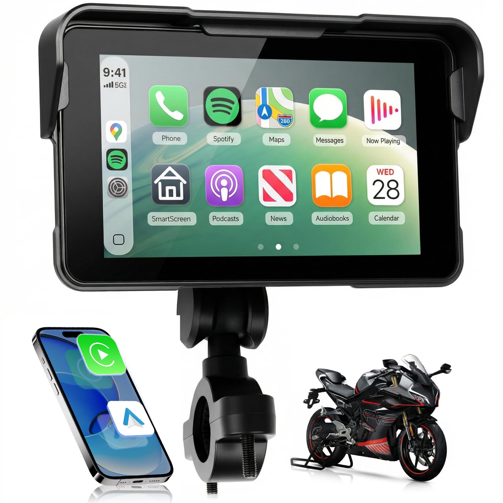 Motorcycle Carplay Android Auto Screen, 5 Inch Wireless CarPlay with Anti-Theft Design Mount, IP68 Waterproof Car Play Moto Touchscreen Dual Bluetooth Portable GPS Navigation