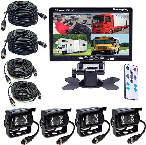 Cámara de respaldo HD 1080P de 7 pulgadas, monitor de 4 x 4 pines AHD espejo retrovisor de coche + monitor IPS de 7 pulgadas 4CH Quad Split para