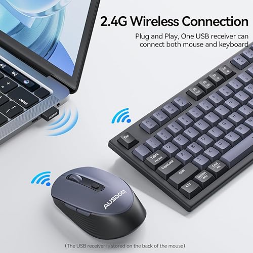 Miniatura 2 de AUSDOM Combo de teclado y mouse inalámbricos, sensación mecánica de 108 teclas, teclado silencioso recargable de tamaño completo de 2.4 G y mouse