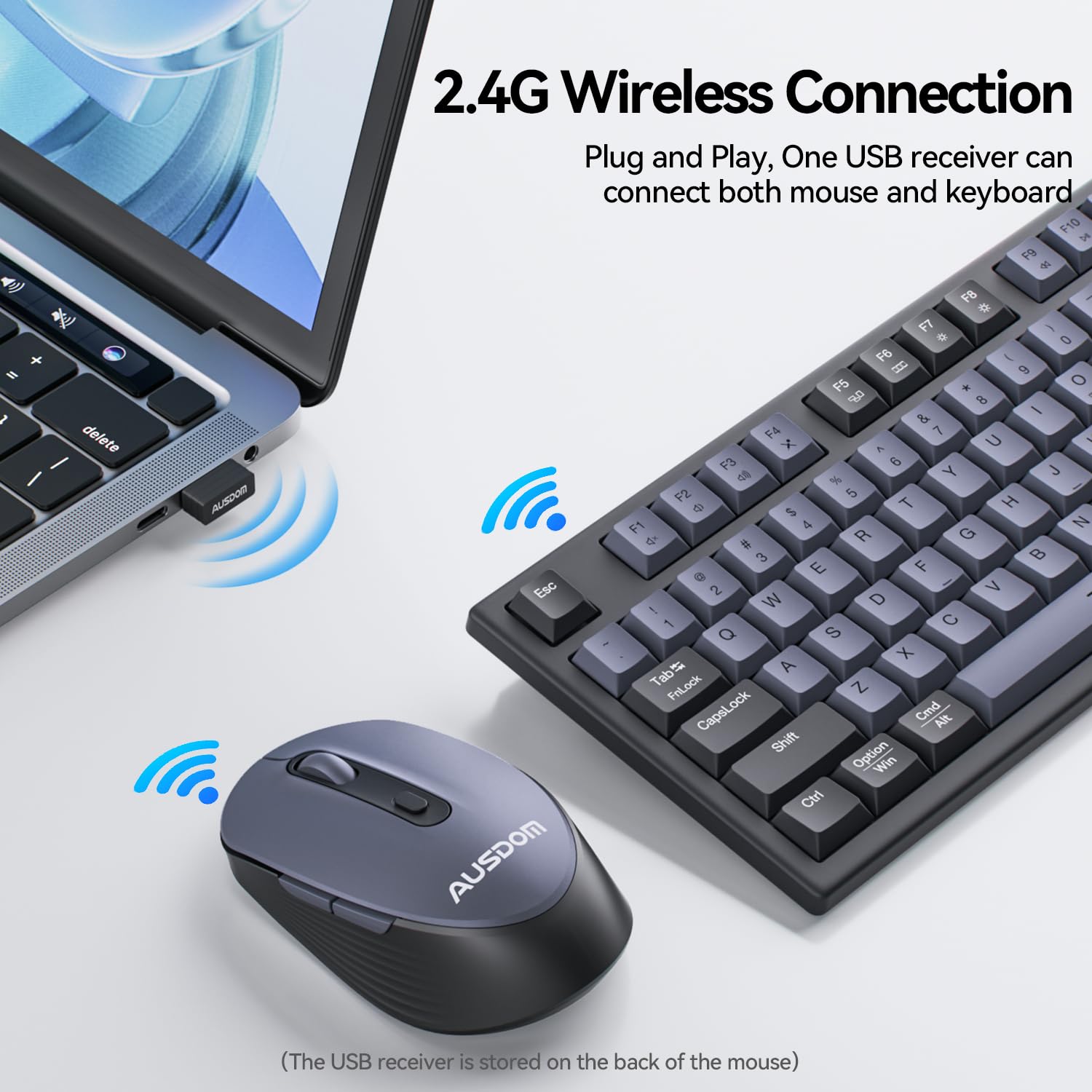 AUSDOM Wireless Keyboard and Mouse Combo - 108 Keys Mechanical Feel, 2.4G Full-Sized Rechargeable Silent Keyboard & 3 DPI Adjustable Mouse, Numeric Keypad, USB Receiver for PC/Laptop/Windows/Mac
