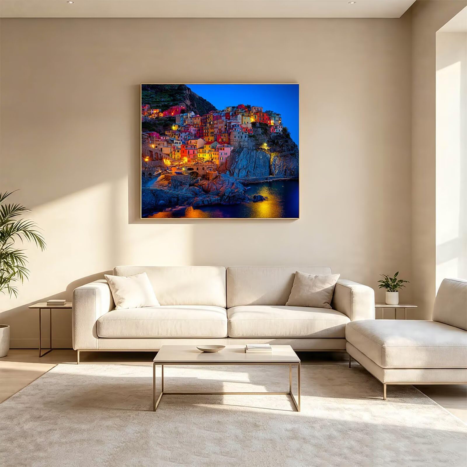 Dipingere con i Numeri Adulti Cinque Terre Tele 70x95cm ZSHS-4234 | Kit Pittura Hobby Creativi Adulti con Colori Acrilici Pennello Paittura Tela Vista Notturna per Quadri Moderni Soggiorno