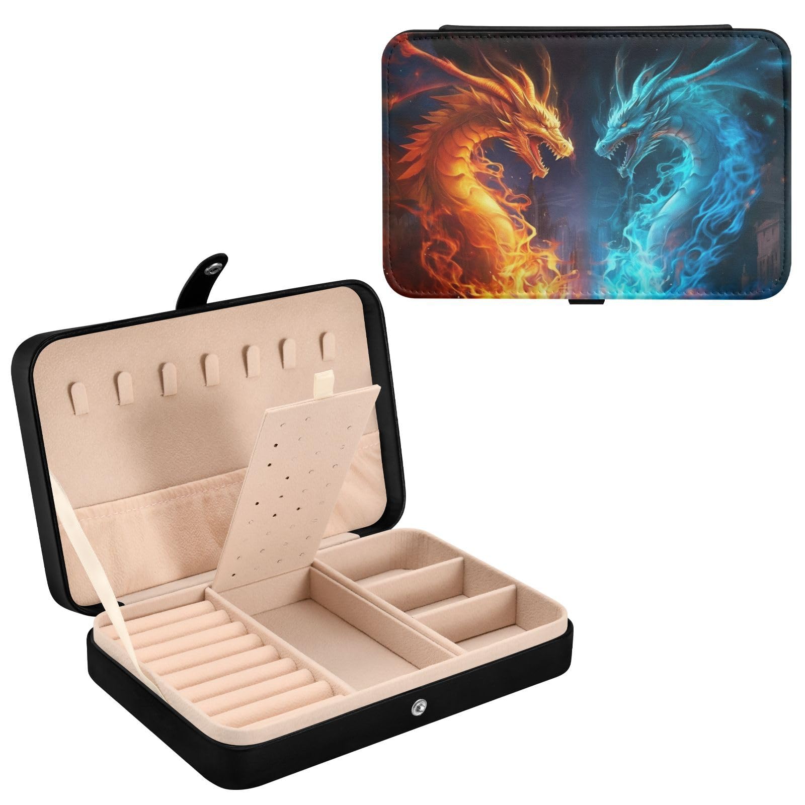 Haskirky Water Fire Dragon Jewelry Box Portable PU Leather Travel Jewelry Organize for Women Jewelry Storage Display Holder for Ring, Necklace, Earring