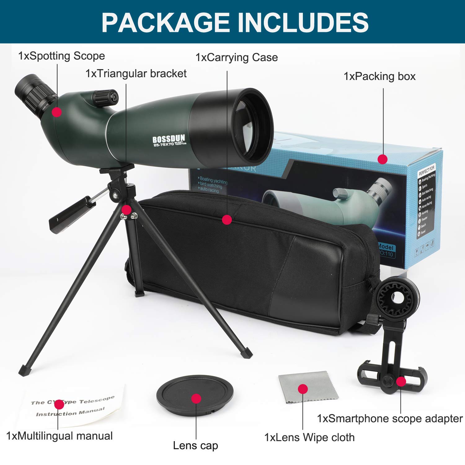 Cannocchiale, zoom 20-75x70mm Lente ottica completamente multistrato antiappannamento e mobile Telescopio con design in gomma per oculare con kit di montaggio rapido per smartphone e treppiede