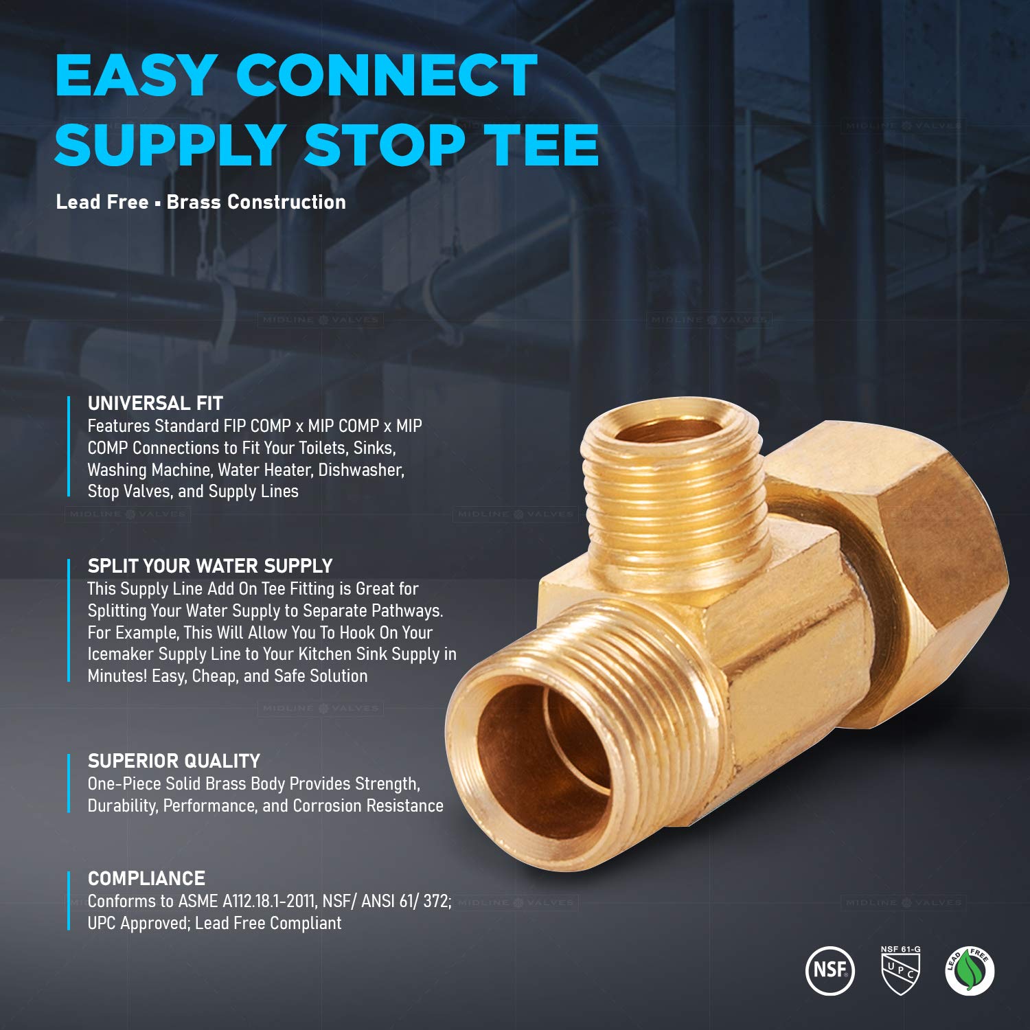 Midline Valve 73314-OM-5 Raccordo a T aggiuntivo, uscita linea di alimentazione divisa 3/8" FIP COMP x maschio MIP ottone (confezione da 5), 3/8" Fem x 3/8" maschio x 1/4" maschio