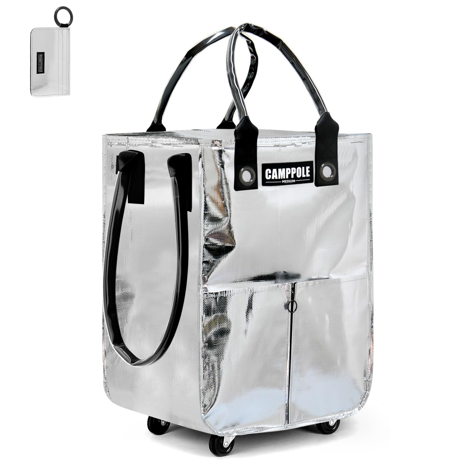 reusable grocery bag on wheels, shopping carts for groceries with card holder, lightweight rolling tote, folding grocery cart carries up to 66 lb, water-proof bag for moving, travel, camping, medium