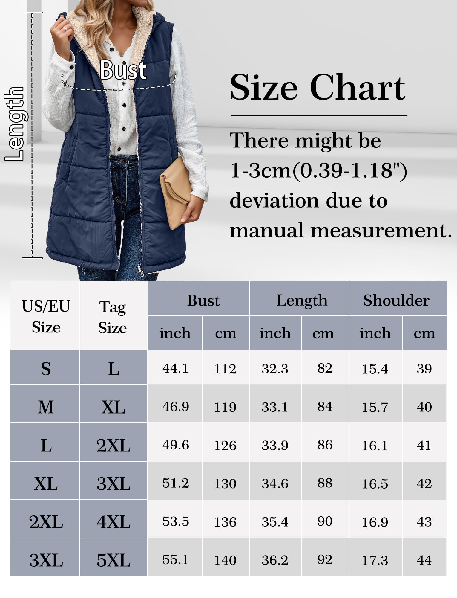 Maeau - Manteau Sans Manches Femmes à Capuche Mi-Long Chaud Veste Réversible Polaire avec Poches S-3XL