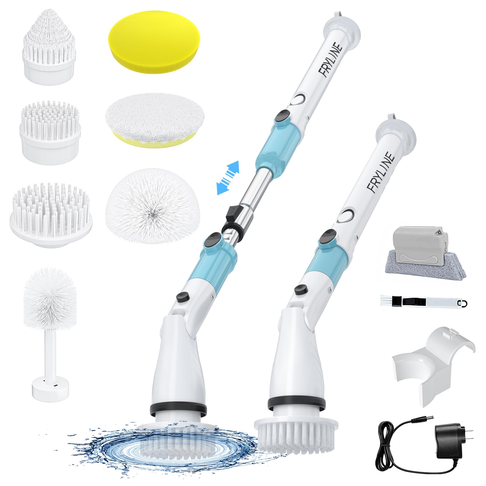 Electric Spin Scrubber, FRYLINE Cordless Shower Brush with 7 Replaceable Cleaning Heads and Adjustable Extension Handle, Bathroom Scrubber for Bathtub, Tile, Floor