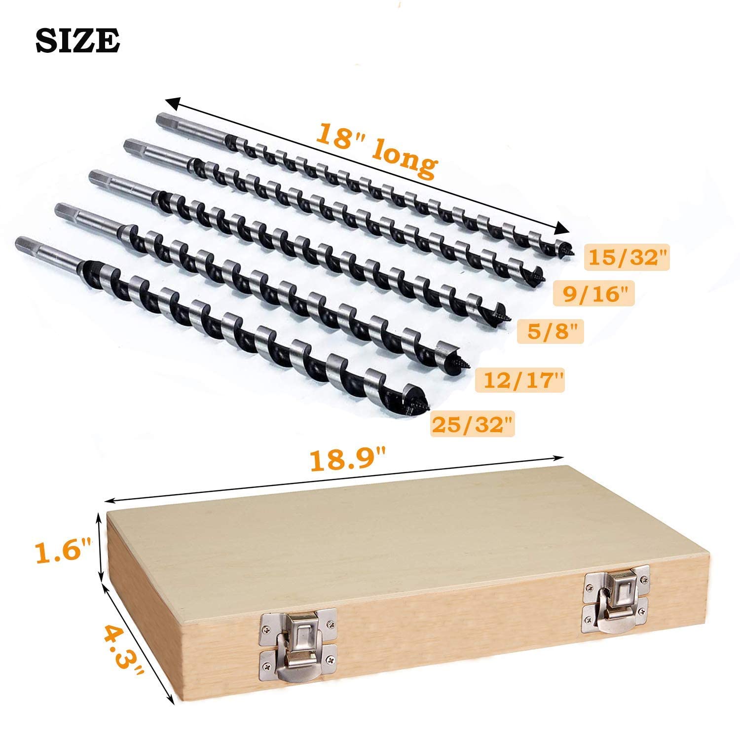 Juego de brocas para madera (460 mm, extralargas, 5 piezas, en caja de madera, taladros para madera, brocas de viga, brocas en espiral, 12 mm, 14 mm, 16 mm, 18 mm, 20 mm)