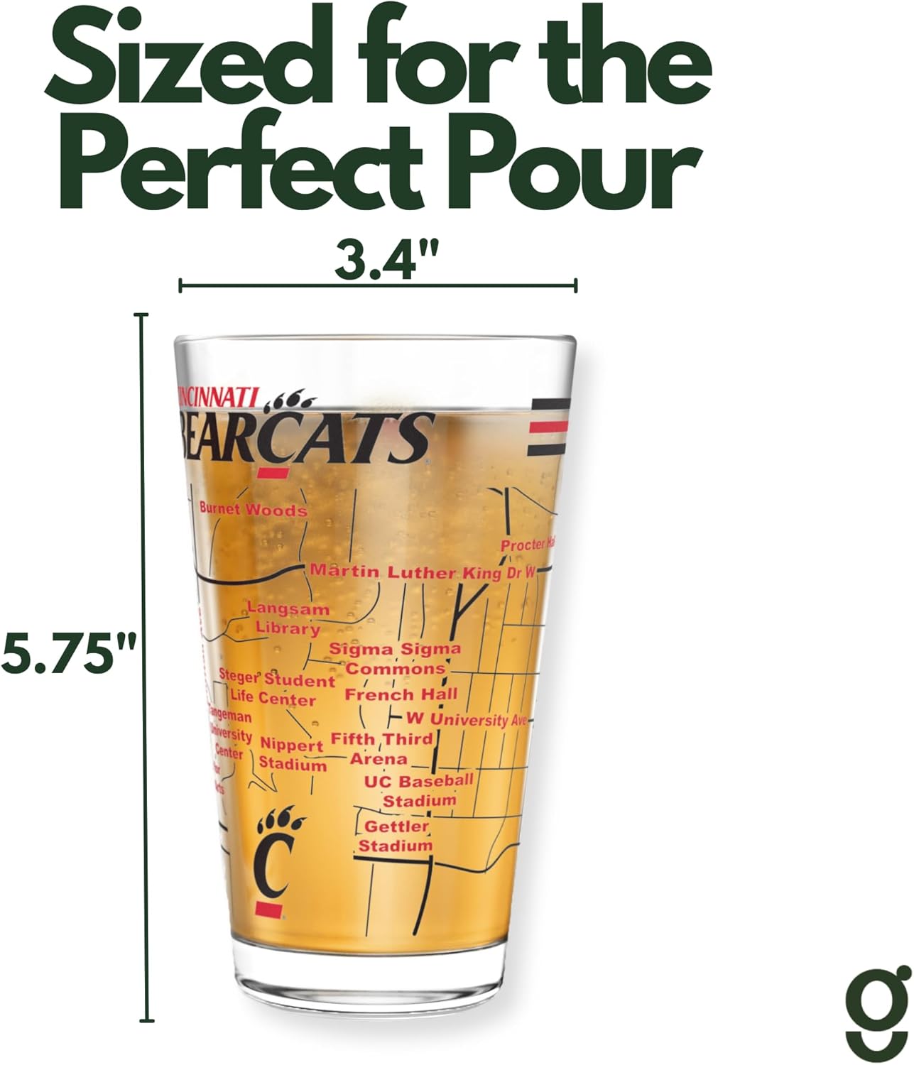 Greenline Goods University of Cincinnati Bearcats College Pint Beer Glasses (Set of 2), 16 oz – Full-Color Logo + Campus Map