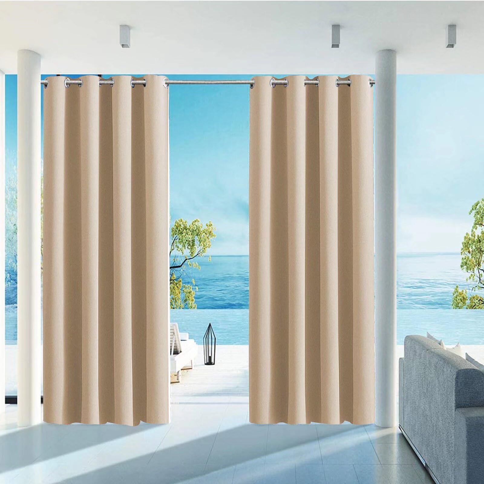 Rideau Exterieur Impermeable Opaque Protection Anti-UV avec œillets Rideau Occultant Exterieur pour Jardin Cour Balcon B200xH200cm Couleurs crème