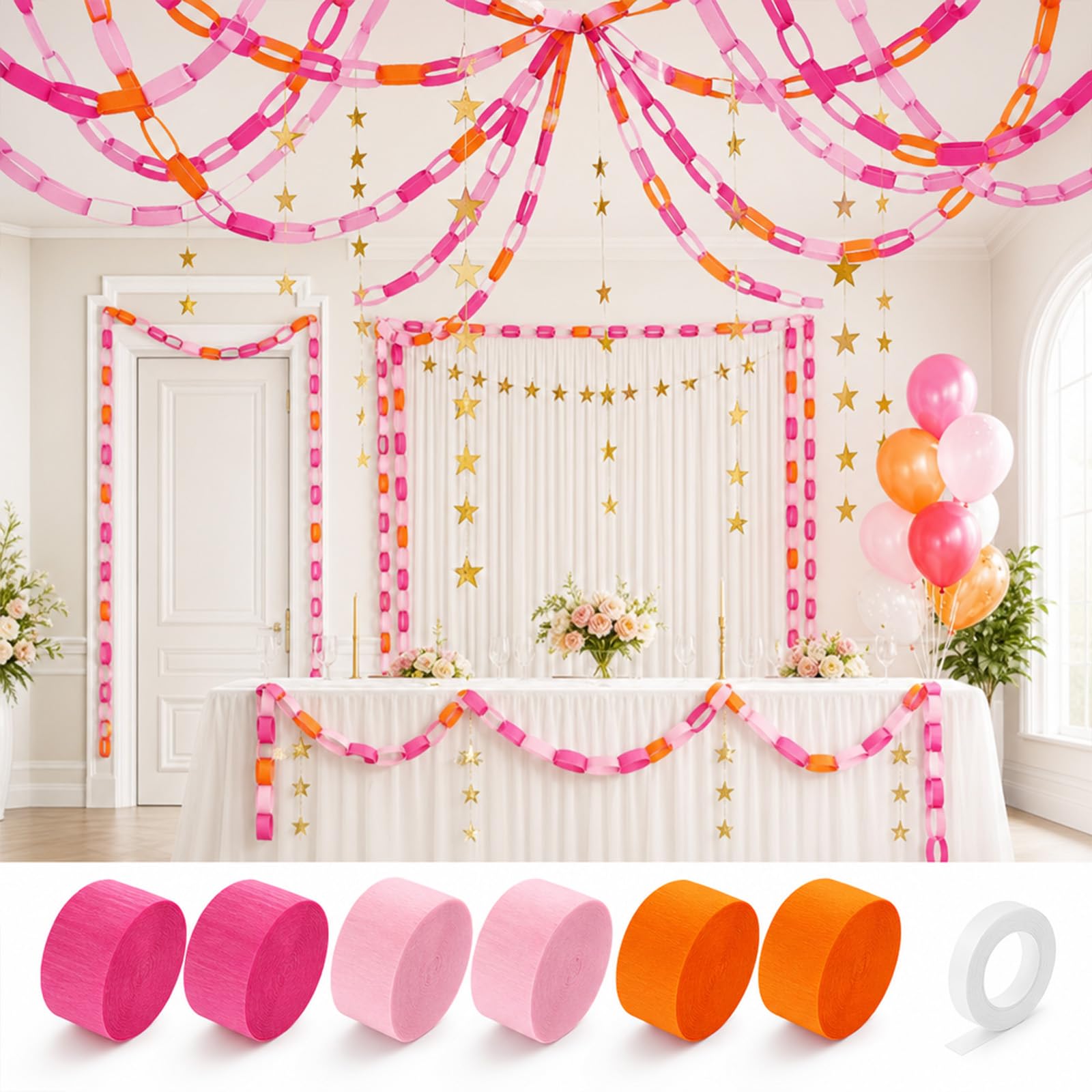 JarThenaAMCS Krepppapier-Luftschlangen und goldene Sterngirlanden, 150 m, 300 Stück Papierketten, Streifen, hängende Banner, Dekoration für Hochzeit, Geburtstag, Party, Dekoration, Basteln, 150 m