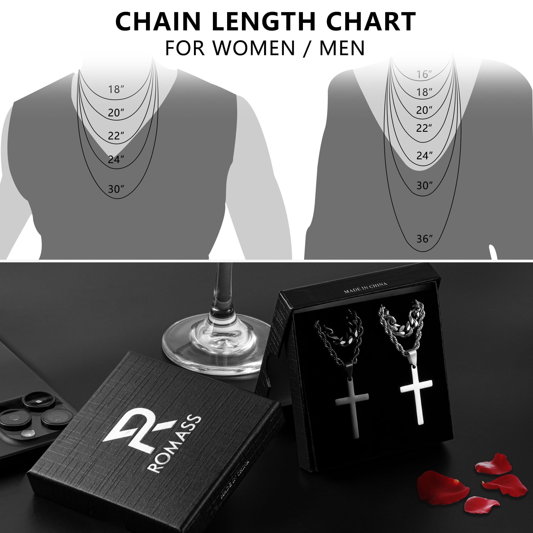 Romass 4Pcs Cross Necklace for Men,Stainless Steel Chains for Men Layered Necklaces Silver Gold Black Pendant Jewelry Box Gifts 18-24 Inches