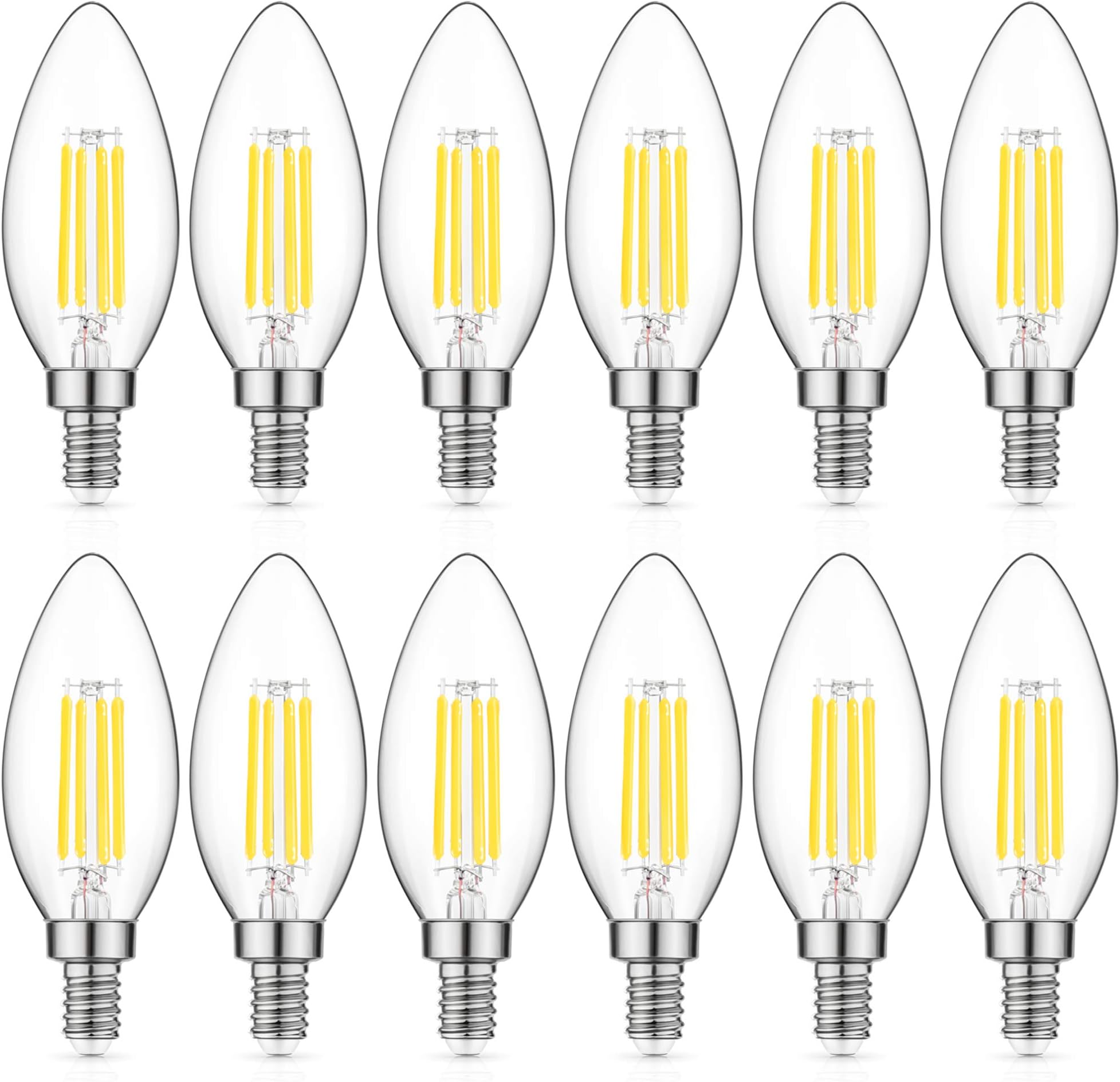 Dimmable LED Candelabra Bulb 60W Equivalent, 5000K Daylight White, 6W Chandelier LED Filament Light Bulbs 600Lumens, E12 Base, B11 Decorative Candle Bulb Pack of 12