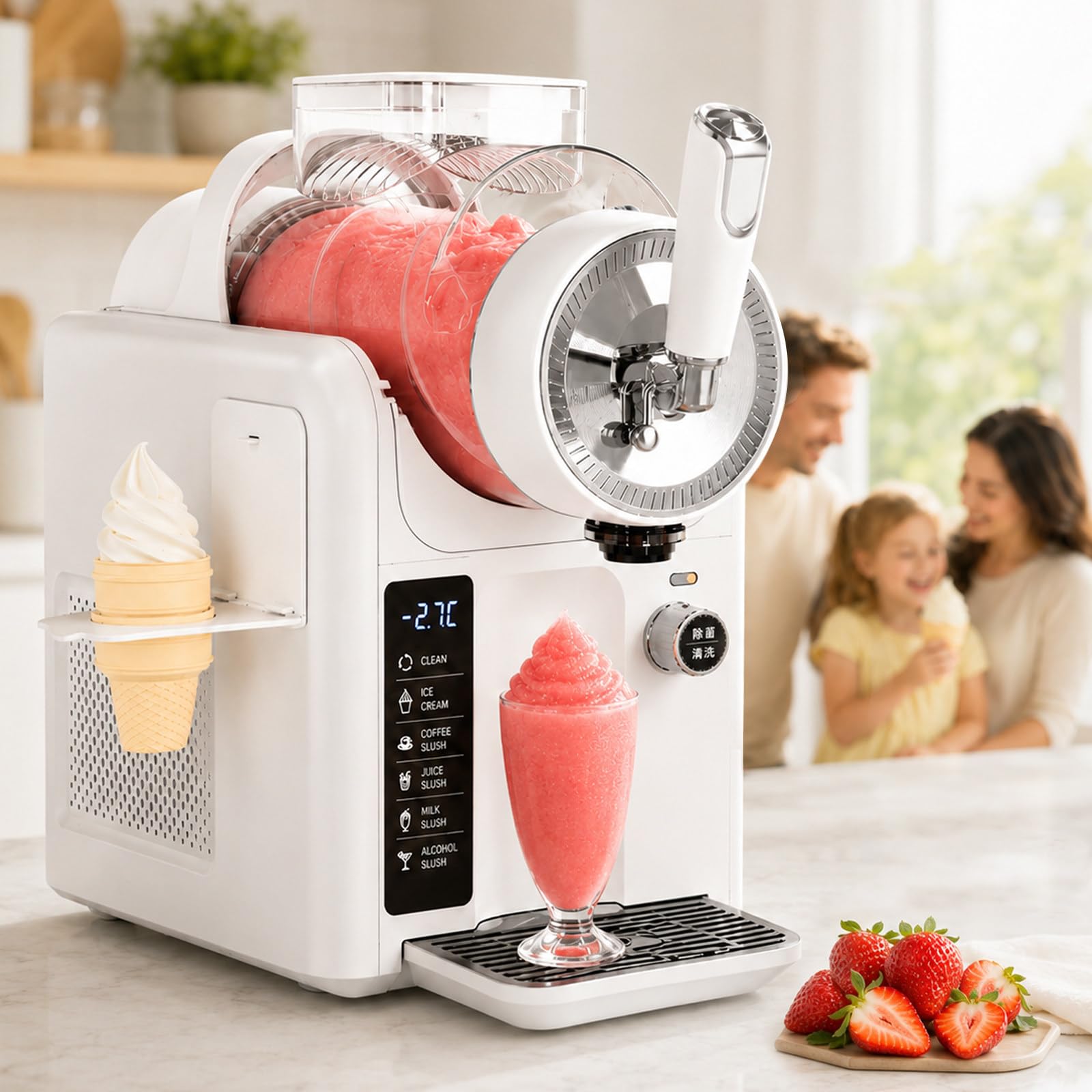 Slushy Maker, 2-in-1 Slushie Machine and Ice Cream Maker Machine, 2L Countertop Slush Machine with Automatic Cleaning, 5 Presets & Temperature Control for Juice, Coffee & Soft Serve White