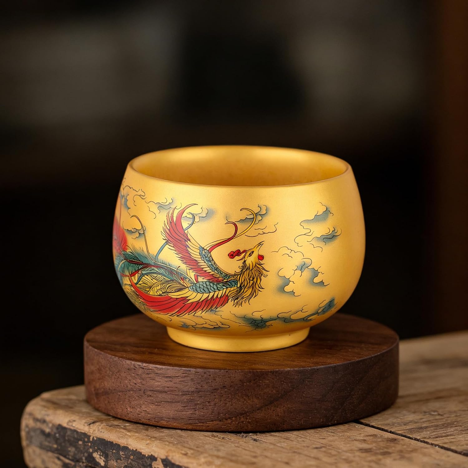 Minya Konka Dragon and Phoenix Porcelain Tea Set, Hand-Painted Golden Lacquer Cups with Luxurious Gift Box, Chinese Wedding/New Year Present, Auspicious Home Decor (Pair)