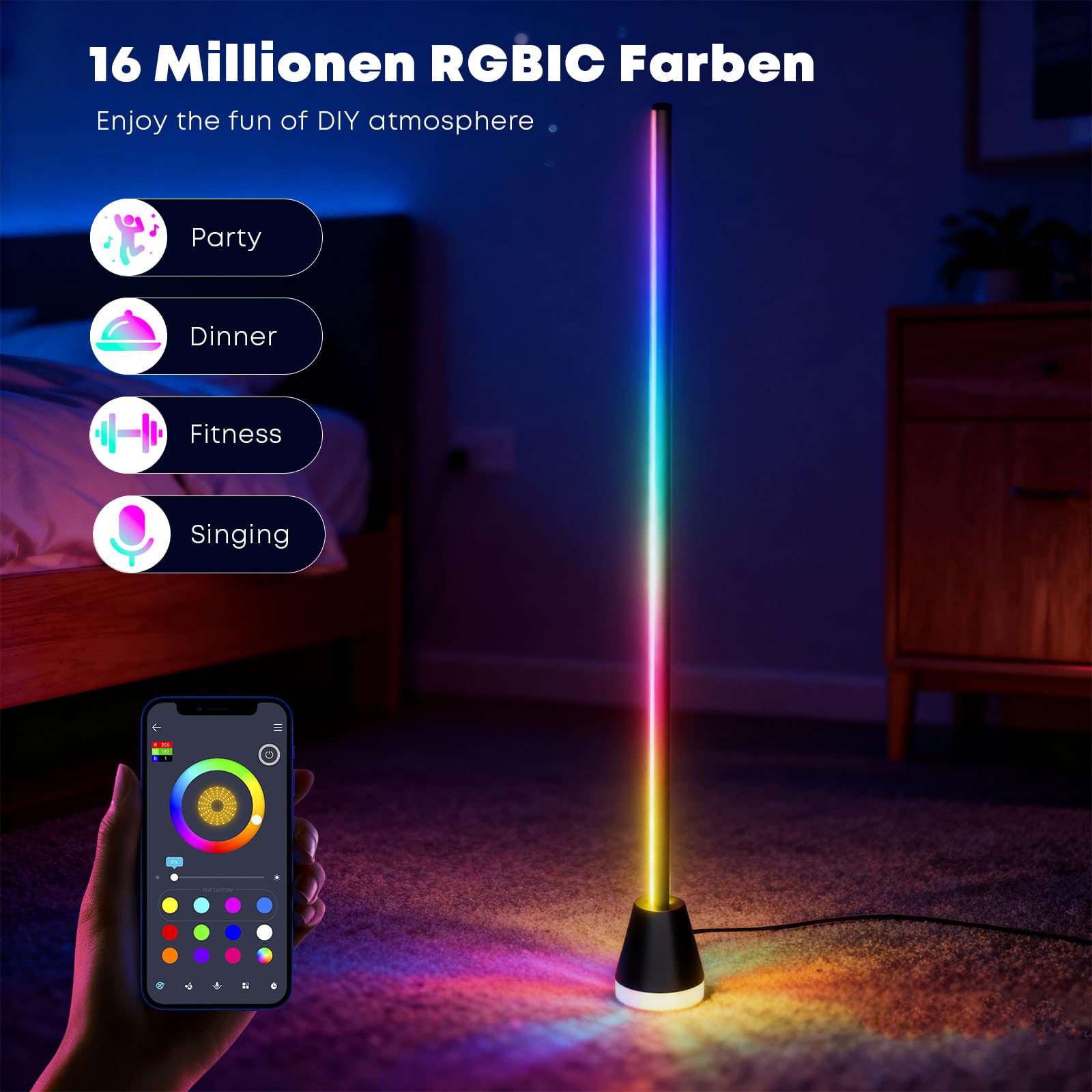 LQWELL Ściemnialna lampa podłogowa LED RGBIC, 150 cm, inteligentna lampa narożna z pilotem, aplikacją, 16 milionów kolorów, tryb muzyki DIY, funkcja timera