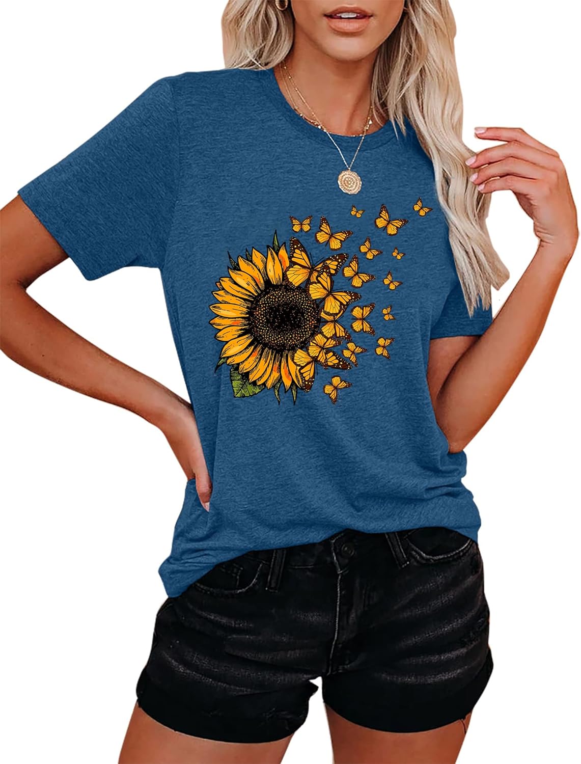 Women Sunflower Butterfly Shirts Boho Flower Print Tshirt Graphic Summer Short Sleeve Tees Casual Crewneck Tops - Image 2