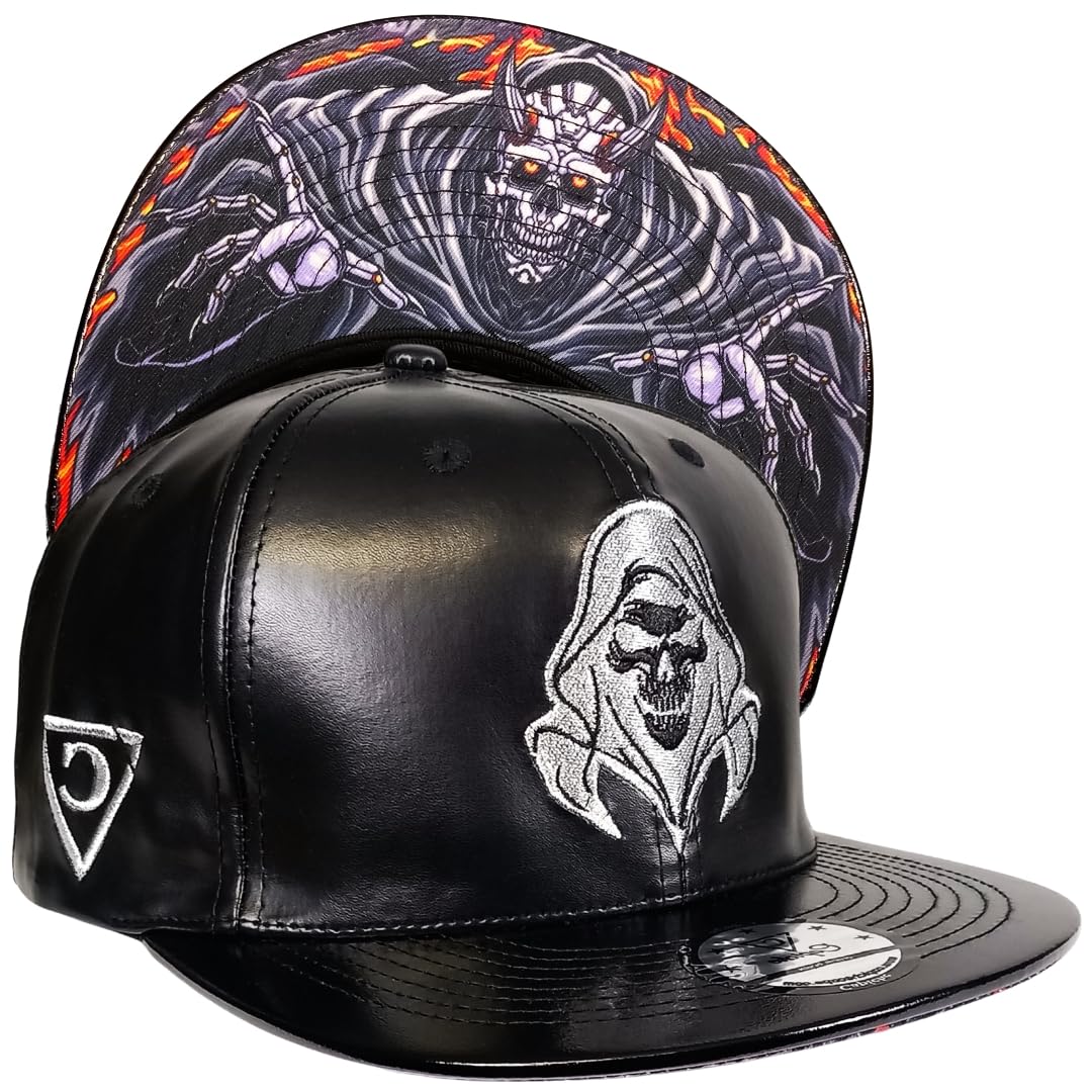 Capiche Unisex [Robot] - Reaper [99+ Variations] Reaper Snapback Cap [Robot] - Grim Reaper Robot Embroidery, Dark Themed Futuristic Design, Adjustable For Sci-Fi And Goth Fans